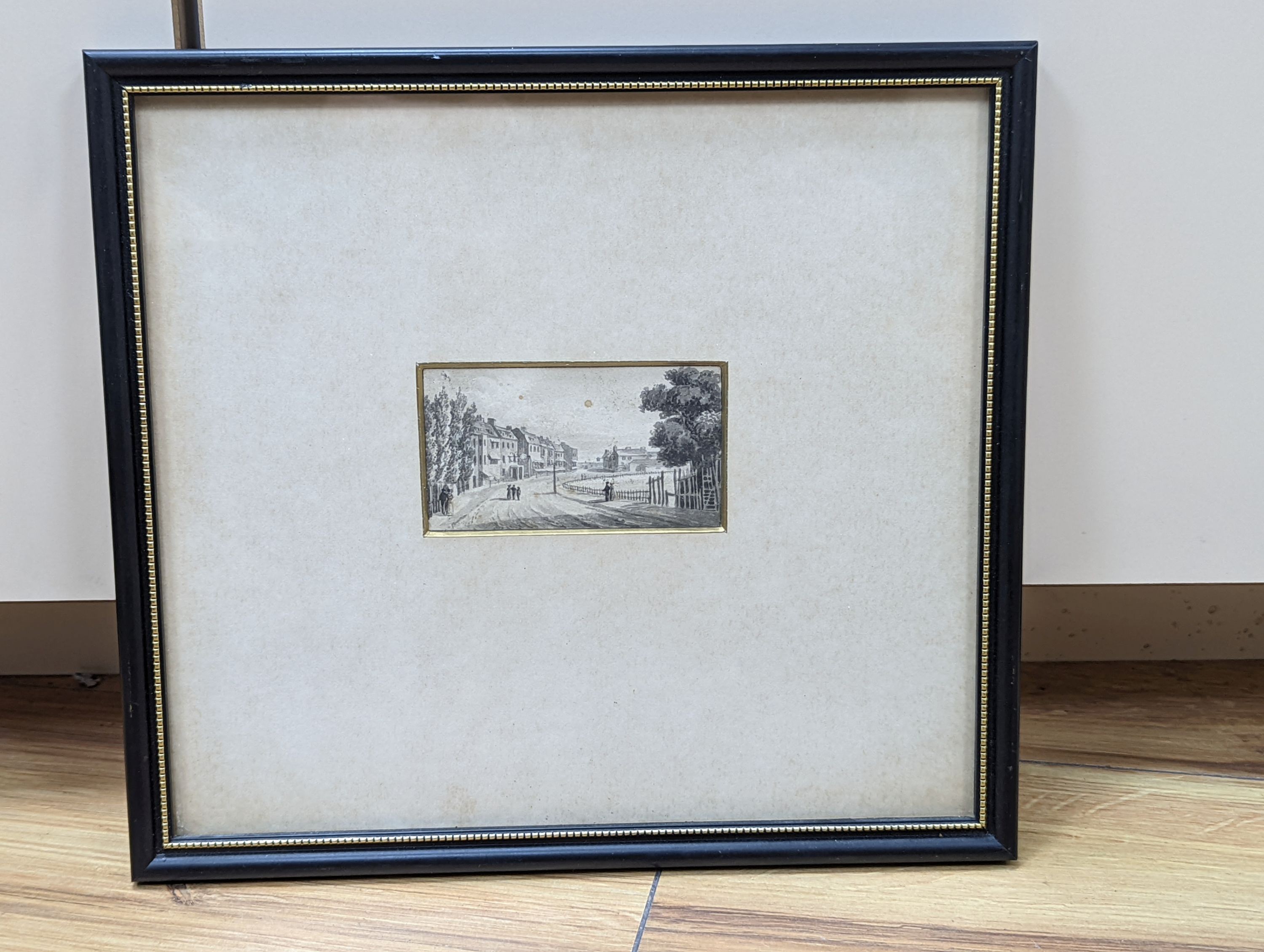 English School c.1840, monochrome watercolour, Brighton street scene, 4.5 x 8.5cm